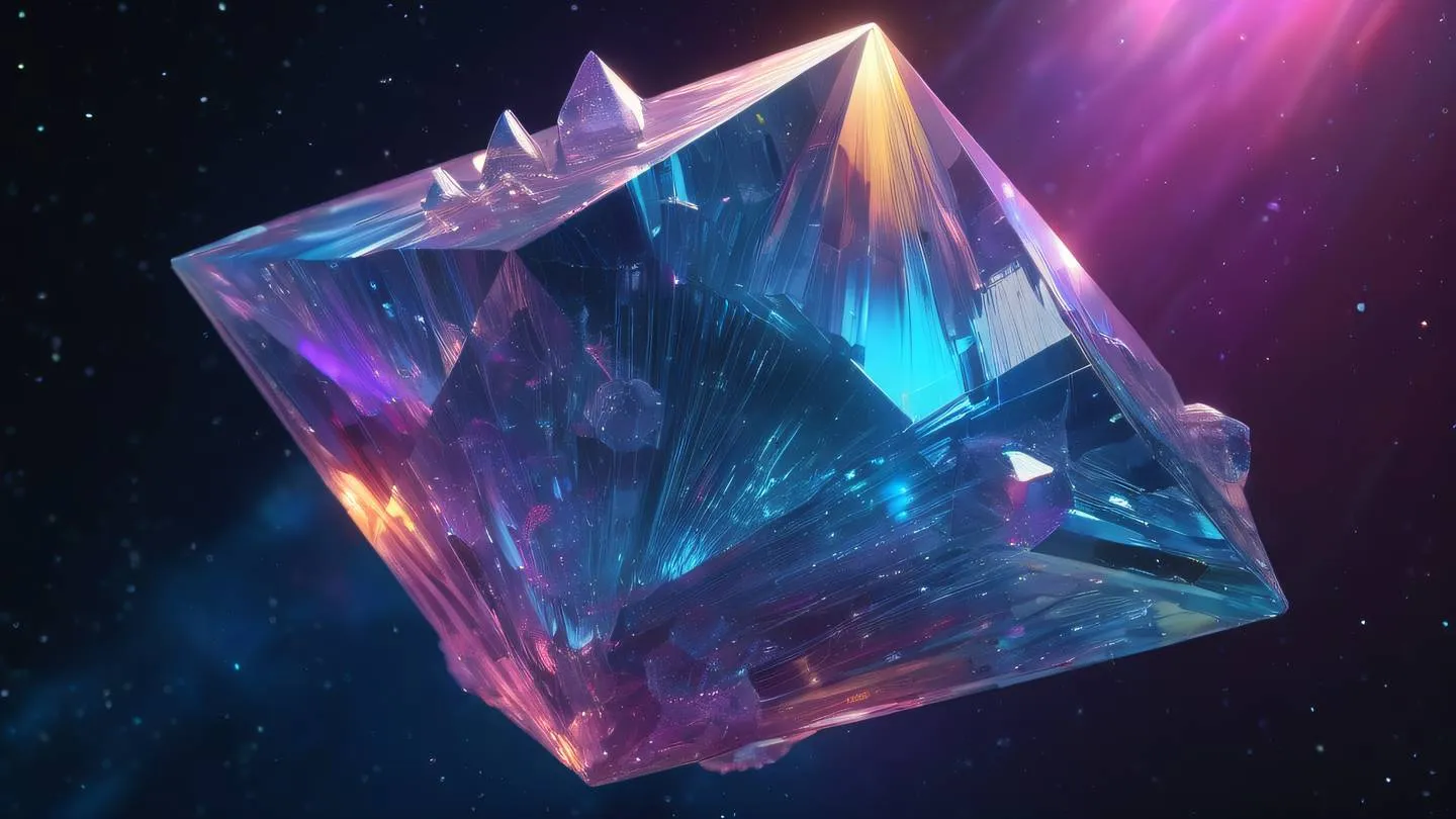 Abstract geometric crystal formation with holographic rainbow colors floating in space high-quality ultra-realistic cinematic 8K UHD high resolution sharp and detail