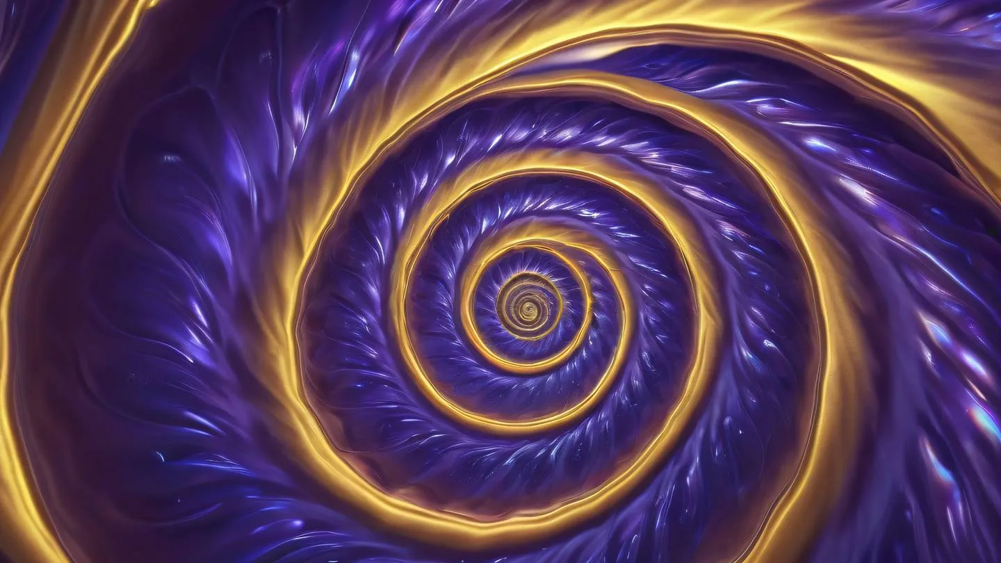 Aerial view of flowing iridescent liquid forming spiral patterns with gem-like reflections in purple and gold high-quality ultra-realistic cinematic 8K UHD high resolution sharp and detail