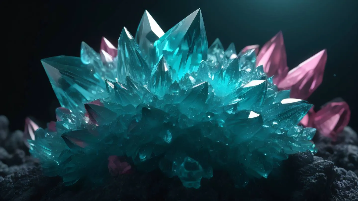 Ethereal crystal clusters growing in bright aqua and pink with geometric symmetry against dark background high-quality ultra-realistic cinematic 8K UHD high resolution sharp and detail