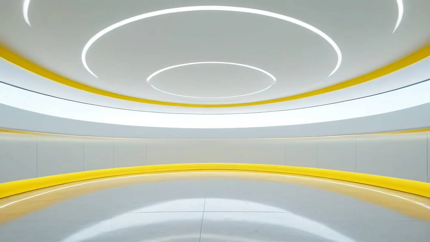 A minimalist futuristic interior with curved walls and large windows streaming natural light inside dominated by bright yellow and white tones photographed from a low angle perspective with wide-angle lens high-quality ultra-realistic cinematic 8K UHD high resolution sharp and detail