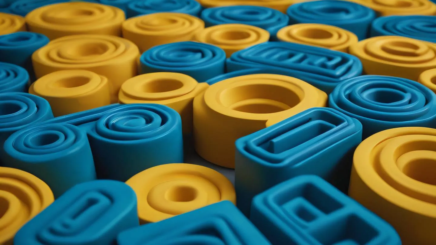 Abstract geometric clay sculpture featuring interlocking circular and rectangular shapes in bright neon blue and warm yellow colors shot from a 45-degree angle with soft side lighting high-quality ultra-realistic cinematic 8K UHD high resolution sharp and detail