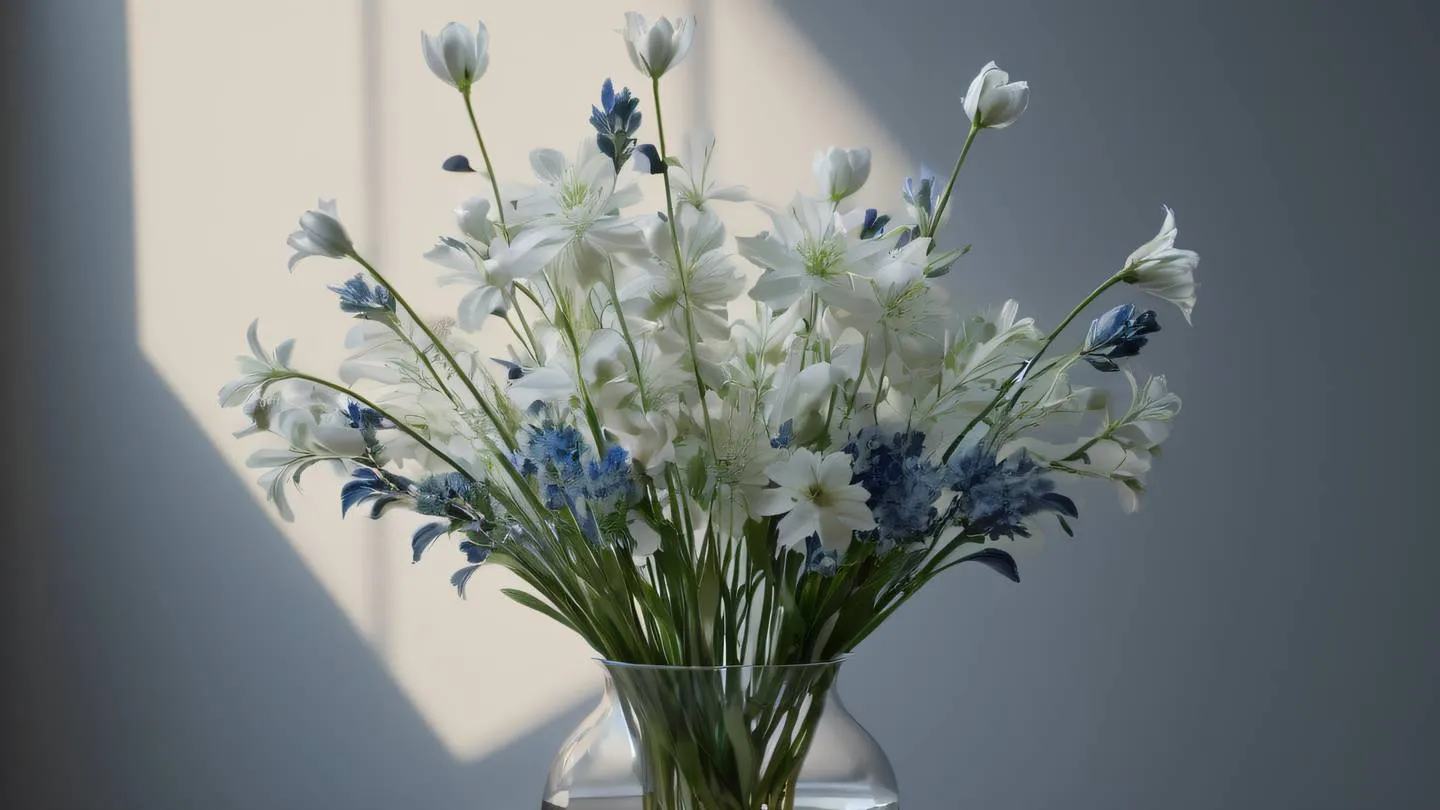 A delicate arrangement of white and indigo flowers with long stems in a clear glass vase captured from slightly above eye level with natural backlighting high-quality ultra-realistic cinematic 8K UHD high resolution sharp and detail