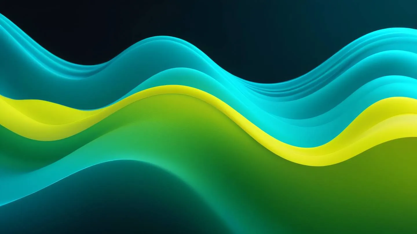 Abstract flowing gradient waves in bright neon yellow and cyan colors depicting smooth transitions and dynamic energy ultra-realistic cinematic 8K UHD high resolution sharp and detail