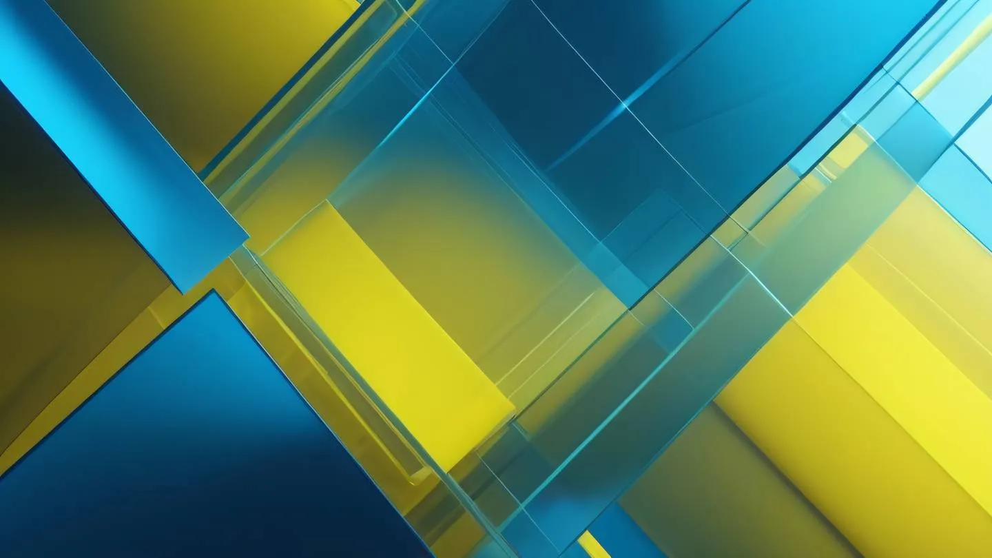 Geometric abstract shapes with overlapping translucent layers in bright yellow and electric blue colors creating depth and dimension high-quality ultra-realistic cinematic 8K UHD sharp and detail