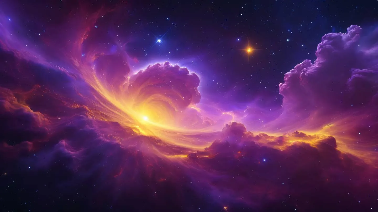 Abstract cosmic scene with vibrant nebula clouds in neon purple and bright yellow swirling together against deep space background ultra-realistic cinematic 8K UHD high resolution sharp and detail