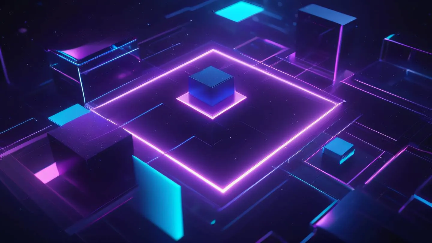 Minimalist abstract geometric shapes floating in space with vibrant neon blues and purples crystalline structures with metallic accents ultra-realistic cinematic 8K UHD high resolution sharp and detail