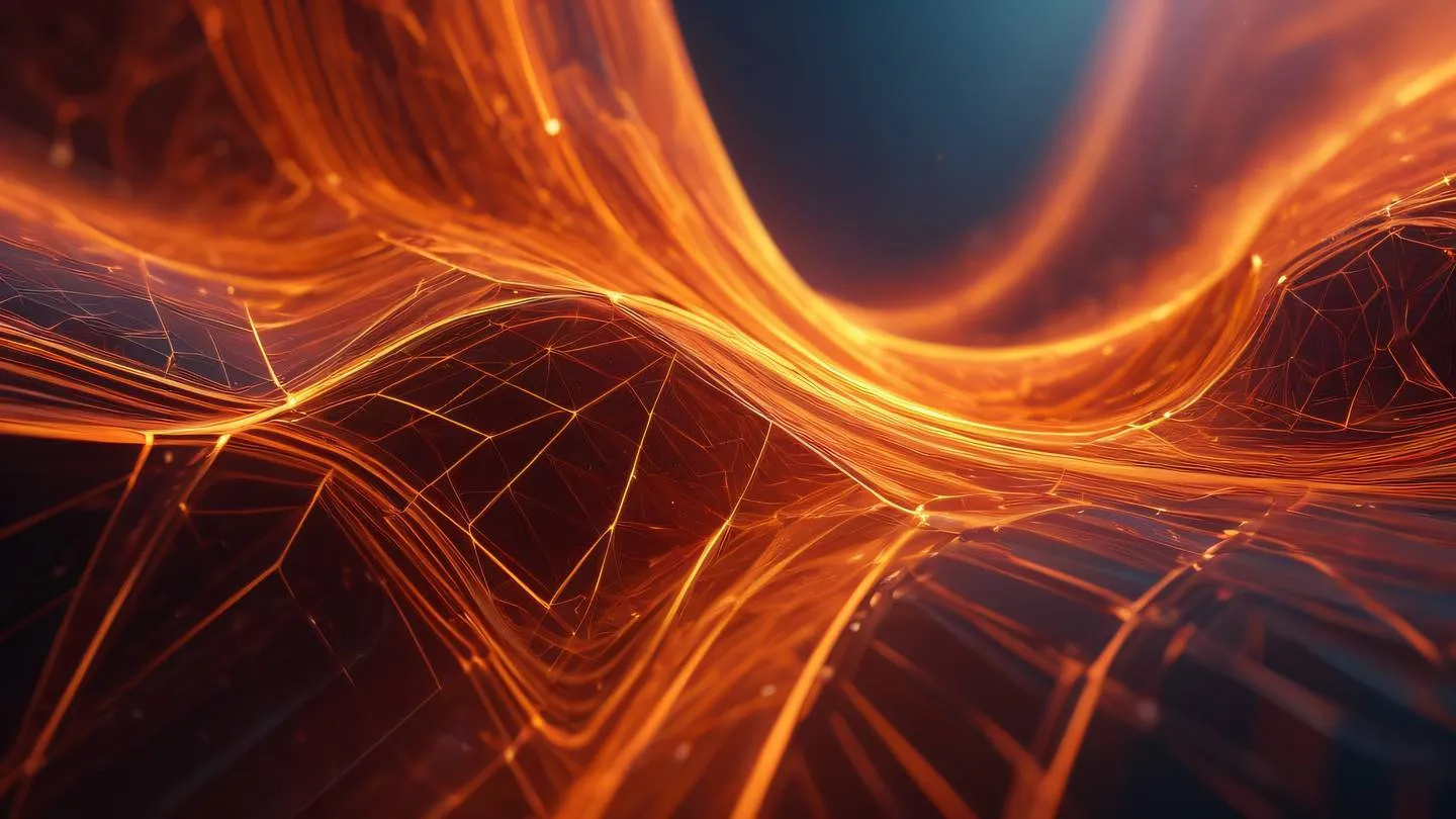 Abstract technology concept art with flowing geometric shapes in bright iridescent and orange colors sharp lines and patterns representing responsive design ultra-realistic cinematic 8K UHD high resolution sharp and detailed