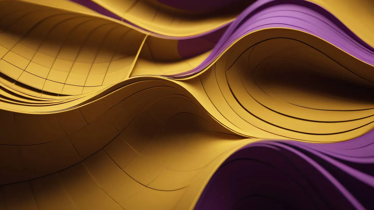 Abstract geometric composition with flowing curved lines in mustard and purple colors representing grid systems and layout structure high-quality ultra-realistic cinematic 8K UHD high resolution