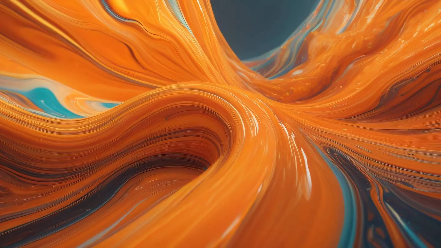 Abstract fluid art composition with flowing organic shapes in bright orange and iridescent colors representing flexible and adaptive design systems high-quality ultra-realistic cinematic 8K UHD