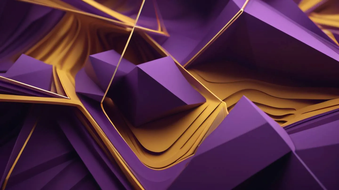 Abstract geometric patterns with interconnected shapes in purple and mustard colors flowing seamlessly in a dynamic composition symbolizing responsive design harmony high-quality ultra-realistic cinematic 8K UHD high resolution sharp and detailed