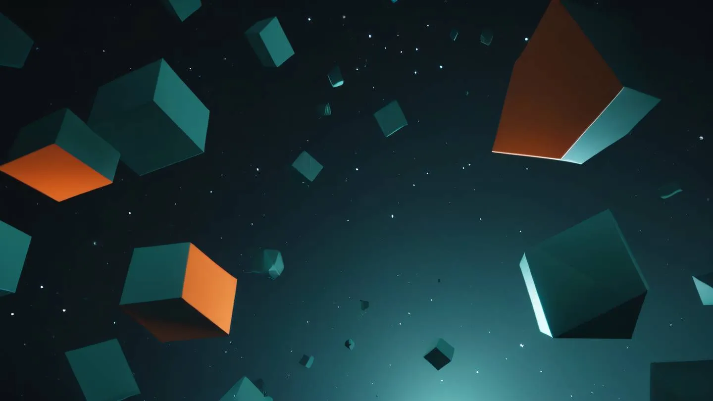 Abstract geometric shapes floating in space representing light and dark mode transition using sage green and bright orange colors with subtle blue accents shot from below looking up high-quality ultra-realistic cinematic 8K UHD high resolution sharp and detail