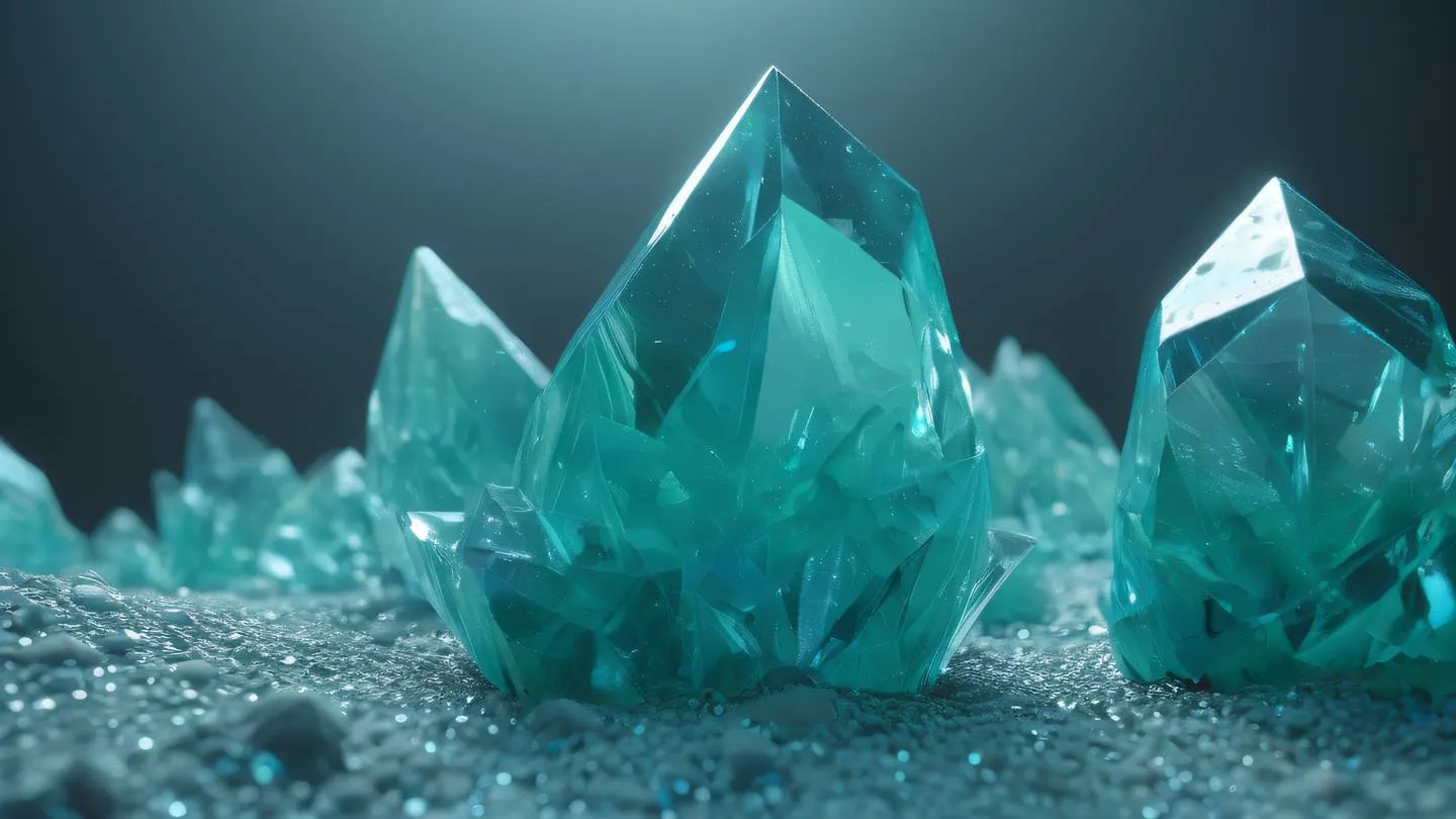 Crystalline formations with holographic reflections featuring sage green and bright blue geometric patterns low angle shot from ground level high-quality ultra-realistic cinematic 8K UHD high resolution sharp and detail