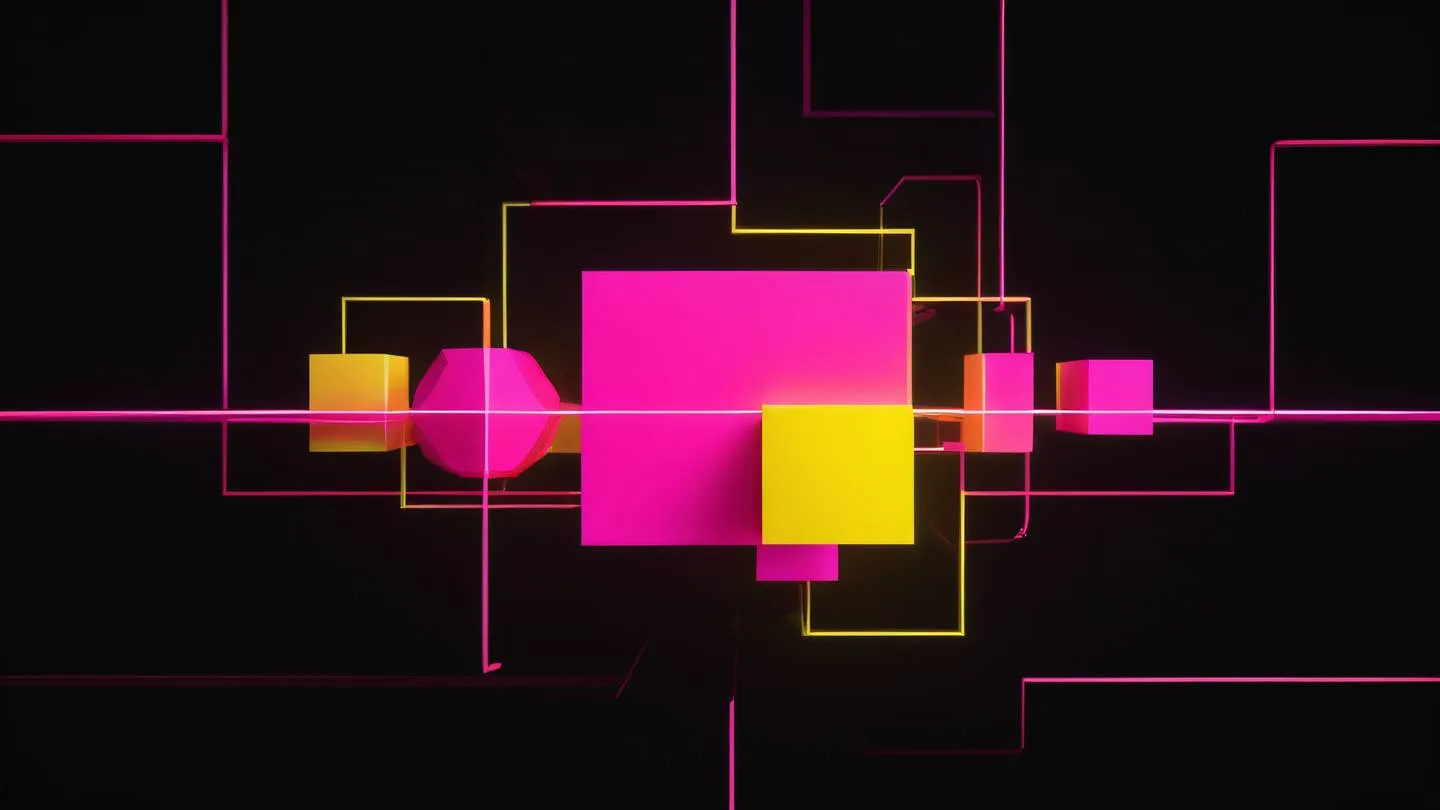 A minimalist abstract composition featuring interconnected geometric shapes floating in space rendered in bright neon pink and electric yellow gradients against a deep black background ultra-realistic cinematic 8K UHD high resolution sharp and detailed