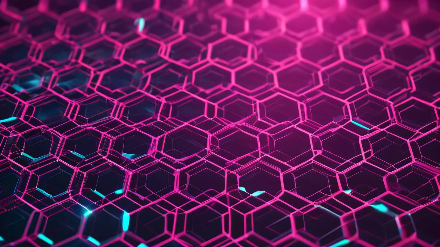 Geometric abstract pattern with interconnected hexagons and triangles in bright neon colors (pink yellow and cyan) flowing across the frame like a digital network high-quality ultra-realistic cinematic 8K UHD high resolution sharp and detailed