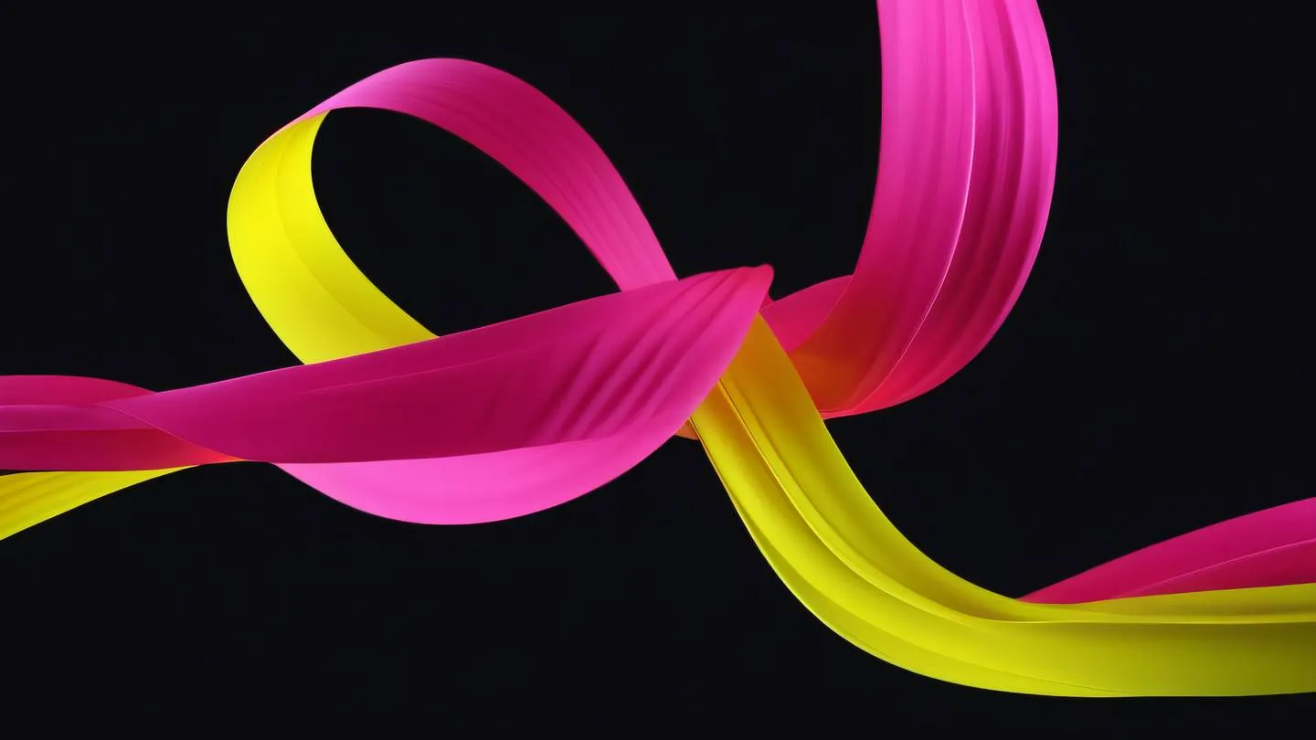 Abstract minimal composition with flowing gradient ribbons in bright yellow and neon pink creating a sense of movement and connectivity against a dark background high-quality ultra-realistic cinematic 8K UHD high resolution sharp and detailed