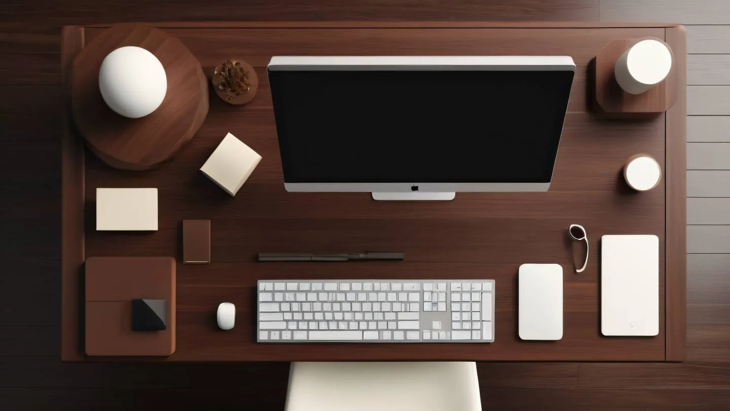 Modern minimalist tech workspace with floating geometric shapes rich brown and mahogany with cream accents high angle view from above high-quality ultra-realistic cinematic 8K UHD high resolution sharp and detail