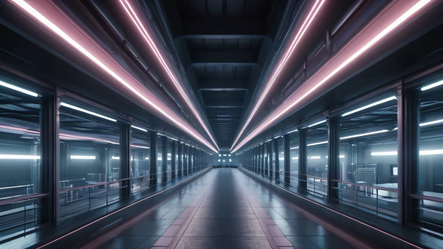 Futuristic industrial interior with suspended walkways and glowing neon white and rose lighting elements straight-on perspective high-quality ultra-realistic cinematic 8K UHD high resolution sharp and detail