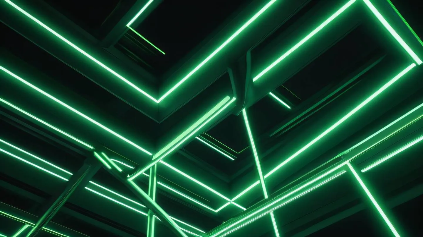 Abstract architectural composition with intersecting geometric planes and floating elements in dark green and neon green low angle perspective high-quality ultra-realistic cinematic 8K UHD high resolution sharp and detail