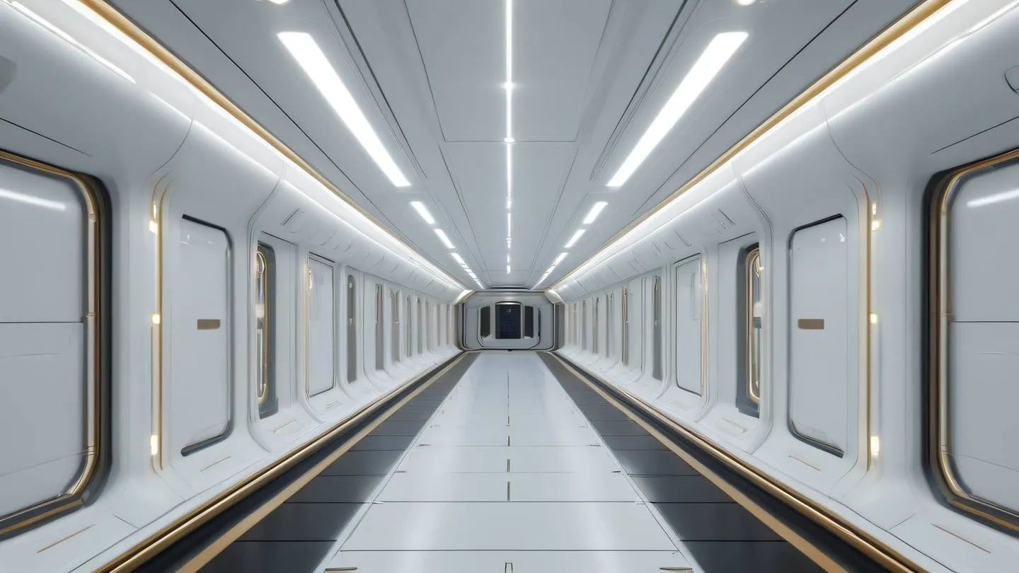 Sleek spacecraft interior corridor with clean lines and ambient lighting white with metallic gold accents straight-on perspective with subtle vanishing point high-quality ultra-realistic cinematic 8K UHD high resolution sharp and detail