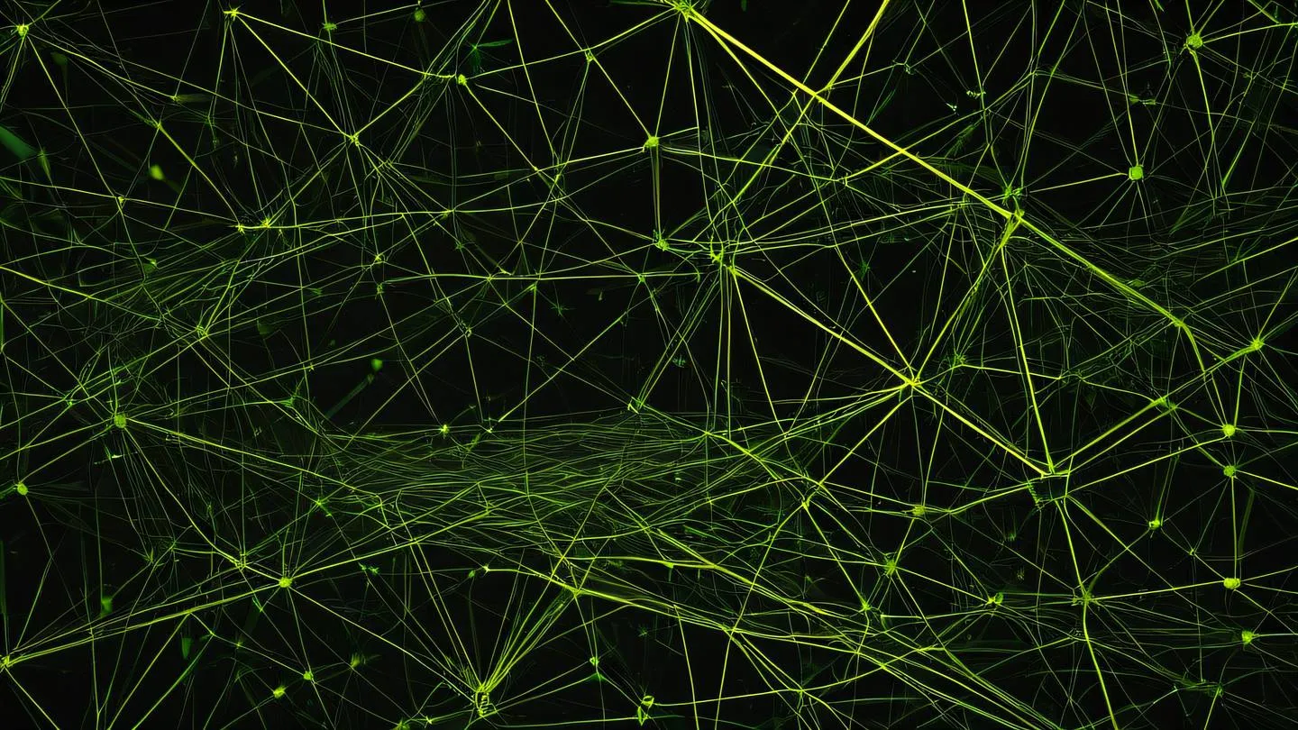 A floating geometric pattern with interconnected nodes and lines featuring bright yellow and lime green gradients against a dark background high-quality ultra-realistic cinematic 8K UHD high resolution sharp and detail