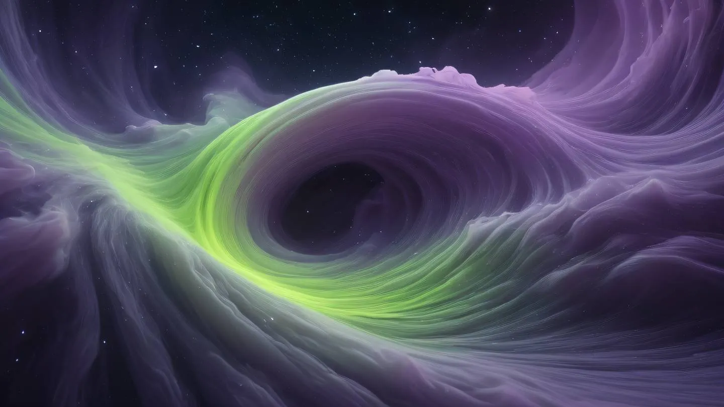 Abstract flowing waves of dusty lavender and lime colors intertwining in a cosmic dance resembling a nebula formation high-quality ultra-realistic cinematic 8K UHD high resolution sharp and detail