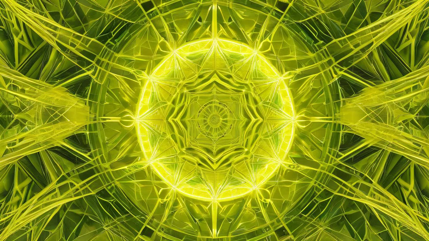 Geometric crystalline structures in bright yellow and lime green arranged in a sacred geometry pattern emanating light and energy high-quality ultra-realistic cinematic 8K UHD high resolution sharp and detail