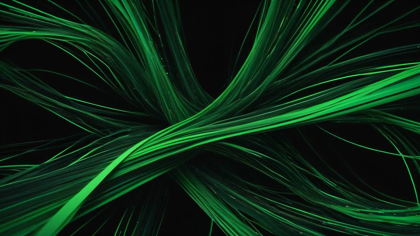 Abstract flowing patterns resembling data streams and connections featuring bright green ribbons interweaving with deep black background. Shot from top-down perspective high-quality ultra-realistic cinematic 8K UHD high resolution sharp and detail