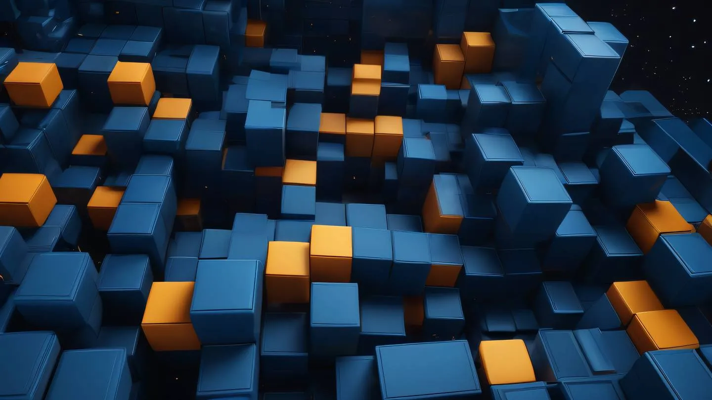 Geometric abstract composition showing interconnected modular blocks in indigo and amber tones floating in space. Captured from a 45-degree angle high-quality ultra-realistic cinematic 8K UHD high resolution sharp and detail