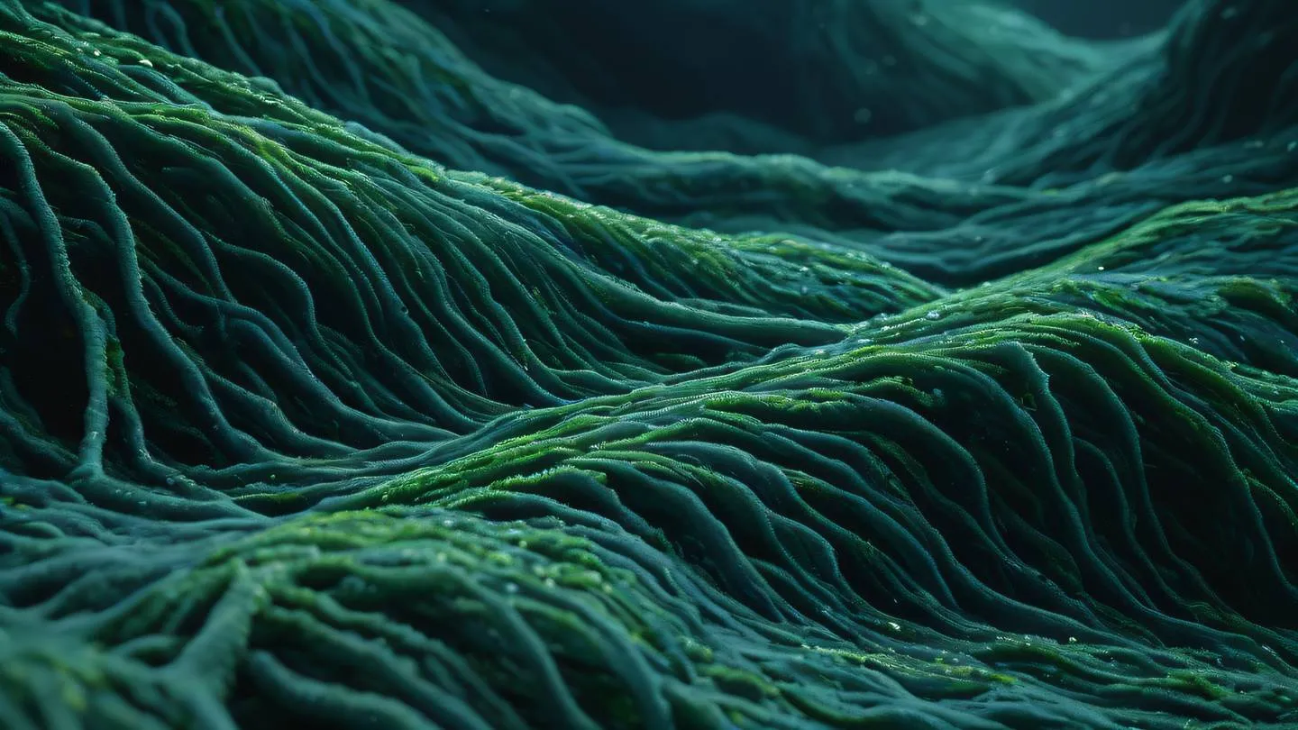 Dynamic abstract composition showing layered elements representing data flow and state management using bright seaweed green and deep stone blue colors. Captured from a dramatic low angle high-quality ultra-realistic cinematic 8K UHD high resolution sharp and detail