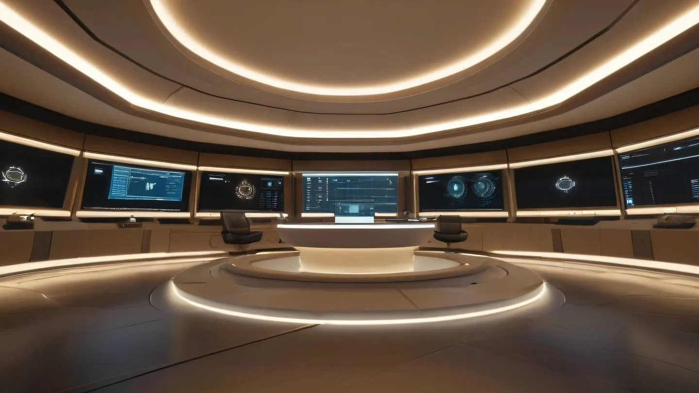 A futuristic minimalist control room interior with clean lines and floating holographic displays featuring bright creamy white and gold accents architectural details in warm earth tones shot from a low angle perspective with dramatic lighting high-quality ultra-realistic cinematic 8K UHD high resolution sharp and detail