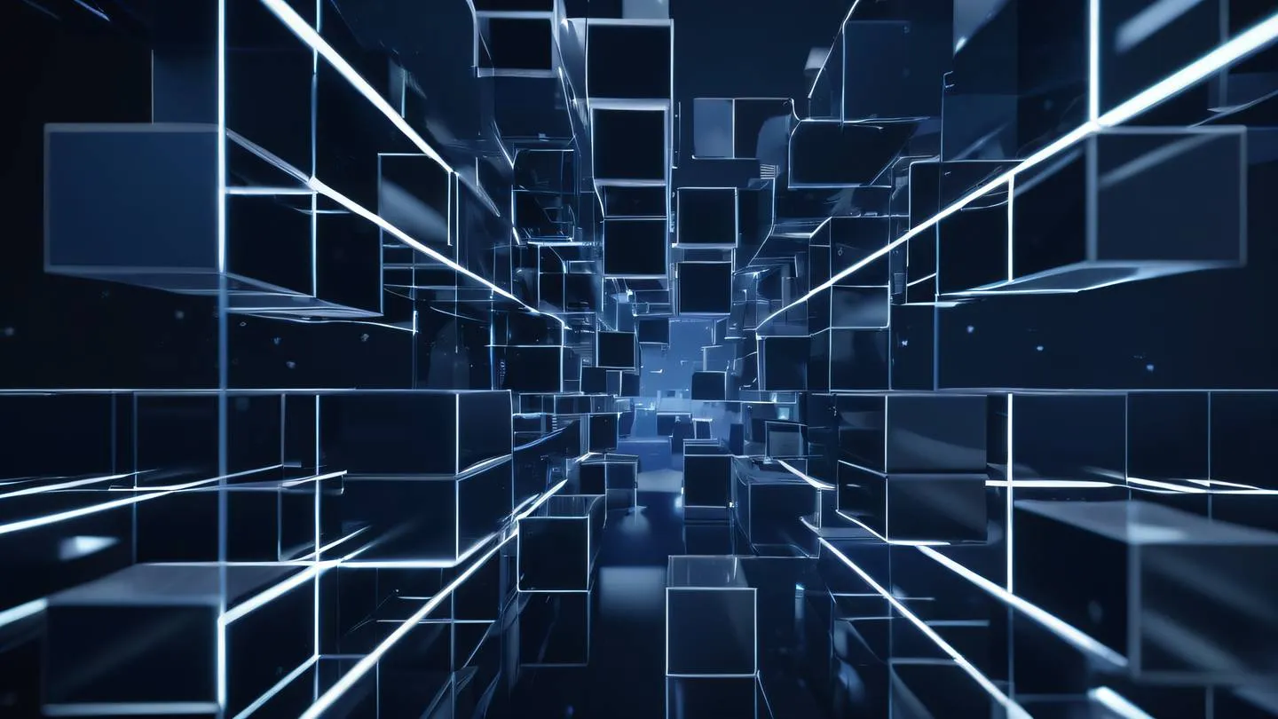 Abstract geometric composition with interconnected floating cubes and spheres in navy blue and silver with streaming data visualization elements dynamic lighting from multiple angles overhead camera view high-quality ultra-realistic cinematic 8K UHD high resolution sharp and detail