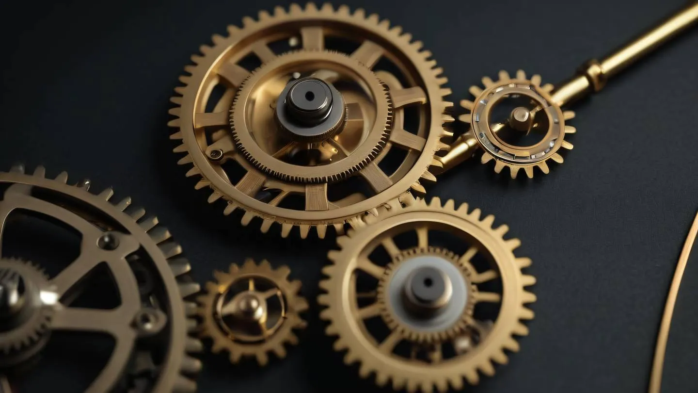 Industrial-style mechanical gears and clockwork mechanisms in bright brass and copper tones against a dark background with intricate details and subtle reflections shot from a diagonal side angle high-quality ultra-realistic cinematic 8K UHD high resolution sharp and detail