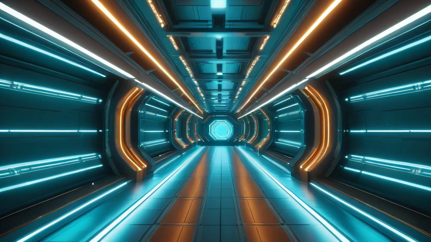 A grand space station corridor with sleek neon lighting in bright turquoise and amber colors featuring modern architectural elements and floating particle effects captured from a central perspective with depth high-quality ultra-realistic cinematic 8K UHD high resolution sharp and detail