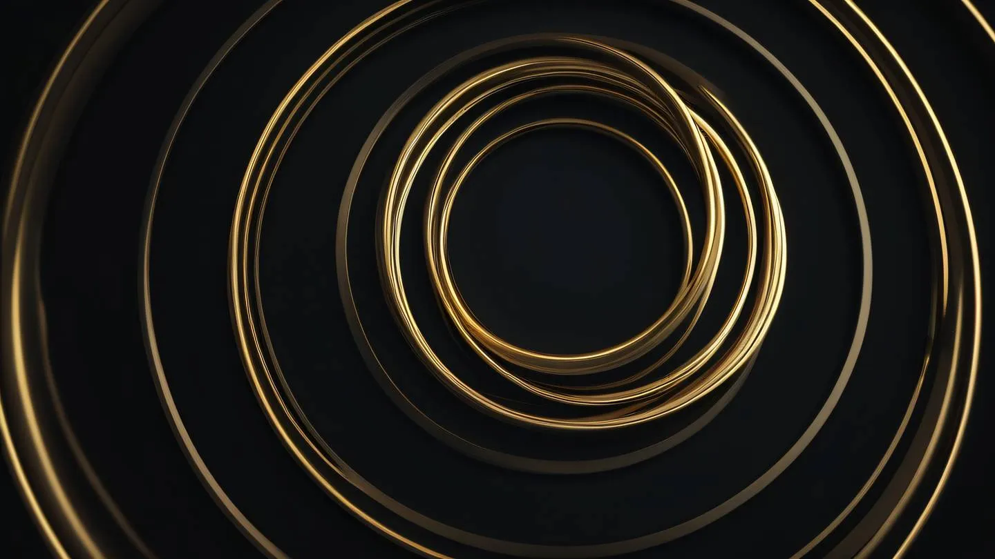 A minimalist abstract composition of nested circular rings in iridescent and gold colors floating in a dark space shot from slightly above angle representing nested contexts - high-quality ultra-realistic cinematic 8K UHD high resolution sharp and detail