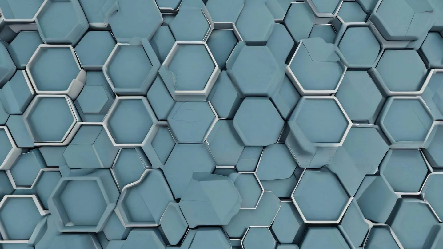 Abstract geometric patterns of interconnected hexagons in dusty blue and concrete colors against a light background viewed from top-down perspective symbolizing connected contexts - high-quality ultra-realistic cinematic 8K UHD high resolution sharp and detail