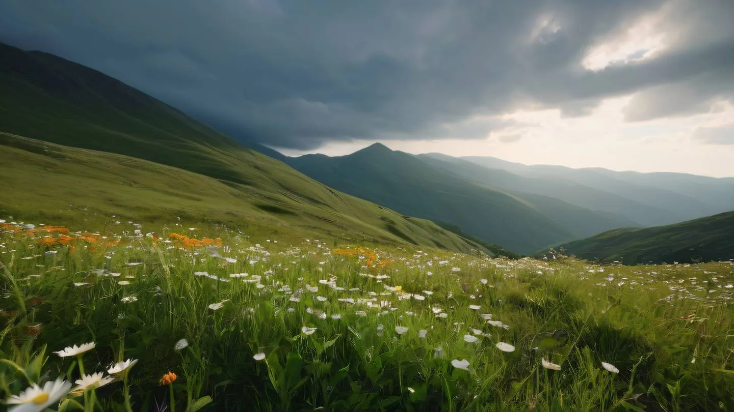 A serene landscape of rolling green mountains with sunlight streaming through clouds captured from a low angle perspective featuring white and orange wildflowers in the foreground - high-quality ultra-realistic cinematic 8K UHD high resolution sharp and detail