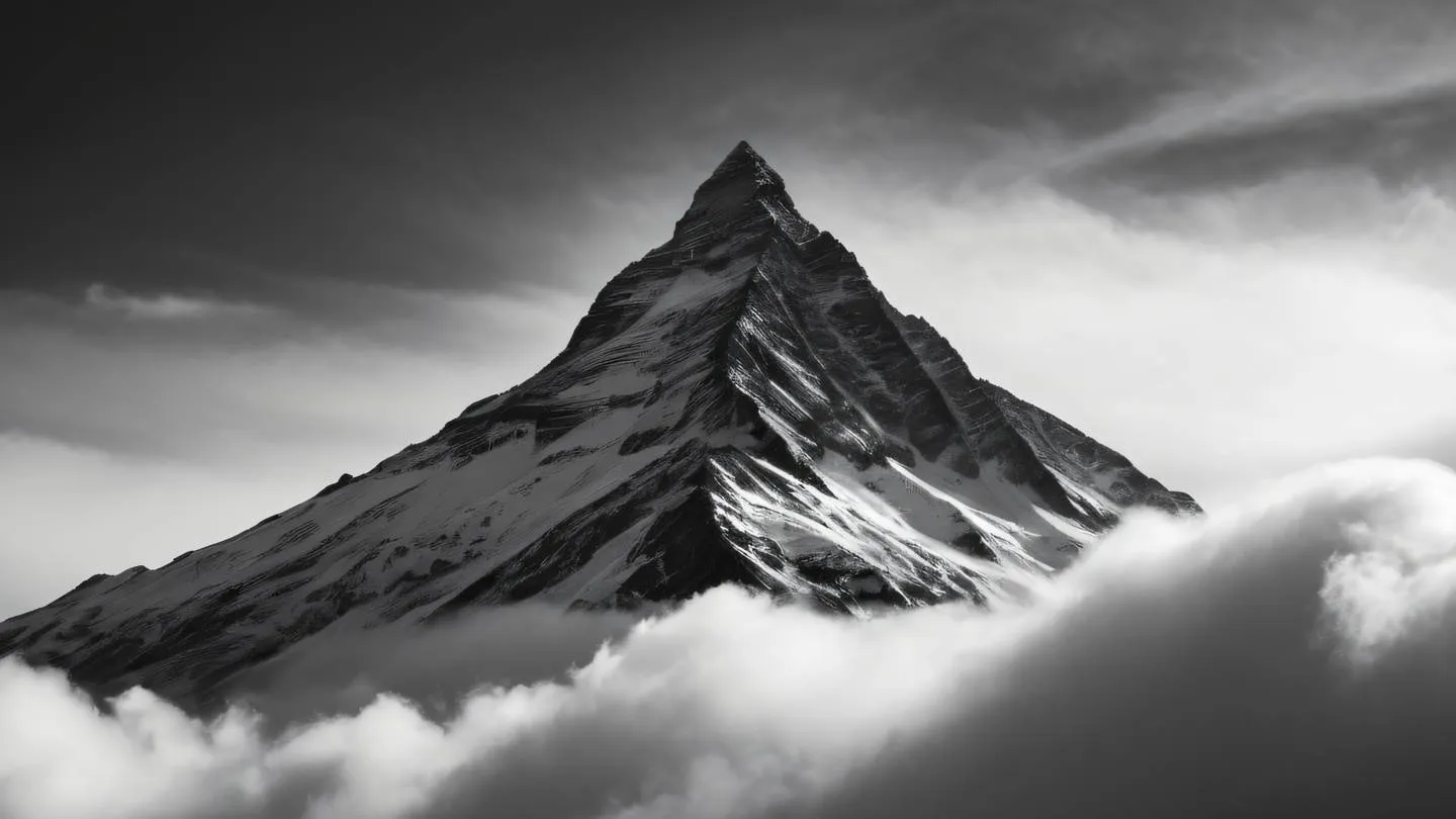 A dramatic mountain peak emerging through clouds in black and white tones photographed from below angle with stark shadows creating abstract patterns - high-quality ultra-realistic cinematic 8K UHD high resolution sharp and detail