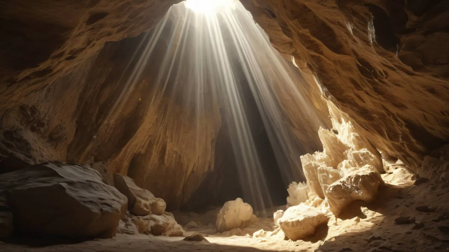 Natural crystalline formations in a cave with light beams streaming through openings warm golden light mixing with natural limestone whites and earth tones shot from low angle looking up high-quality ultra-realistic cinematic 8K UHD high resolution sharp and detail