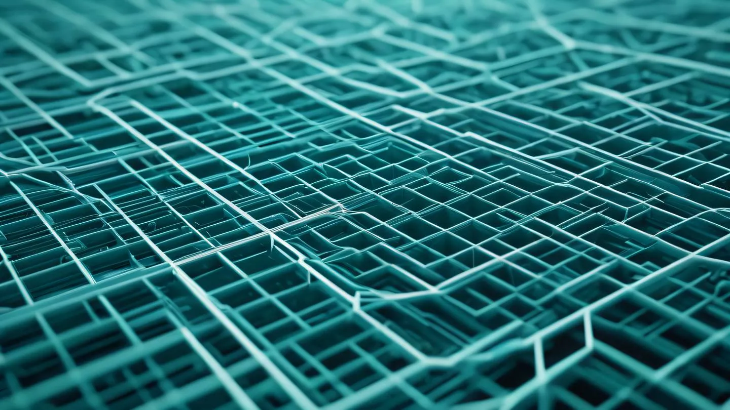 Interconnected geometric patterns forming a network structure clean lines in bright turquoise and white with subtle golden highlights diagonal perspective shot from side angle high-quality ultra-realistic cinematic 8K UHD high resolution sharp and detail