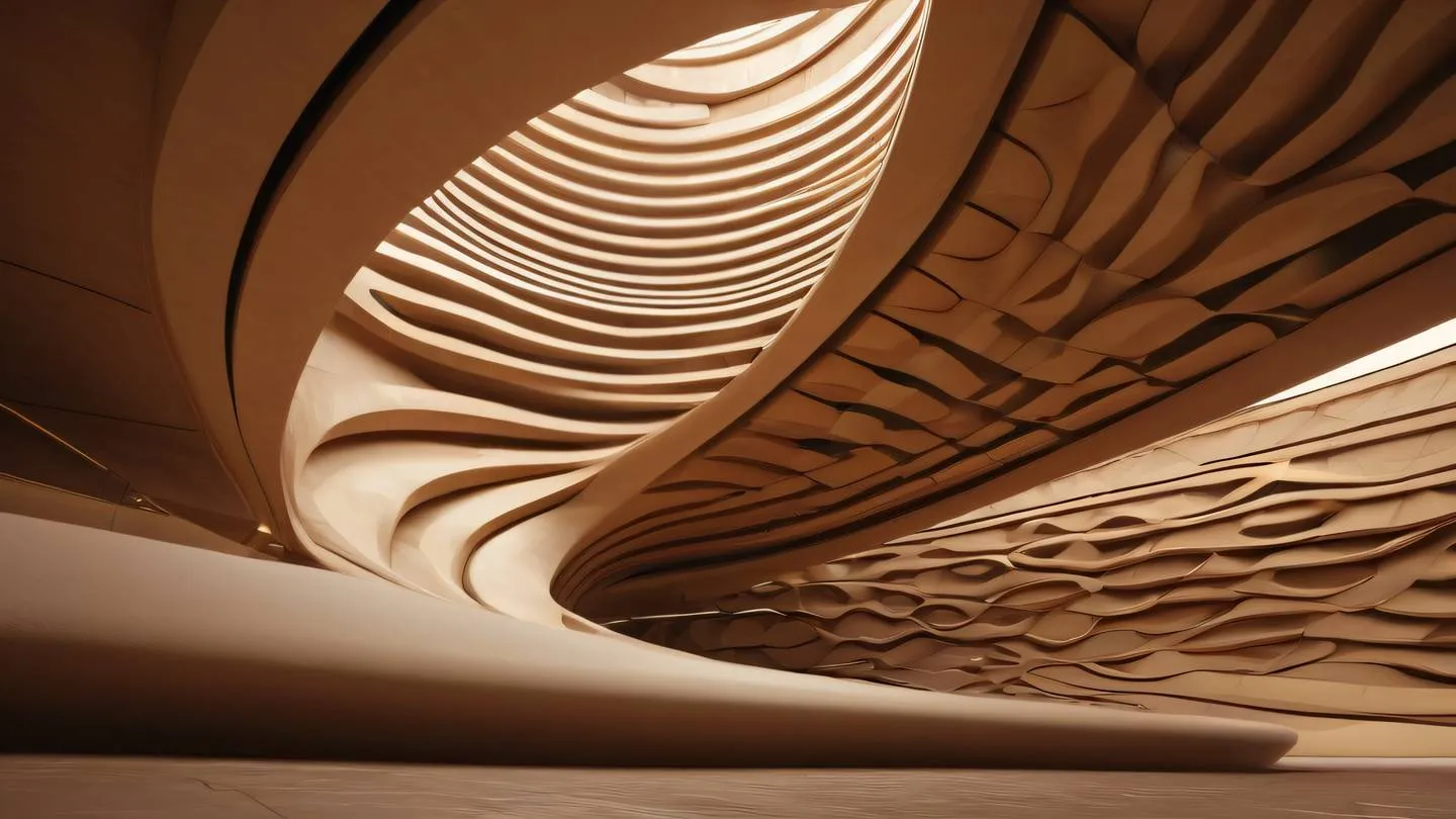 A modern abstract architectural structure with flowing curves and geometric patterns dominated by warm clay and gold tones shot from a low upward angle perspective high-quality ultra-realistic cinematic 8K UHD high resolution sharp and detail