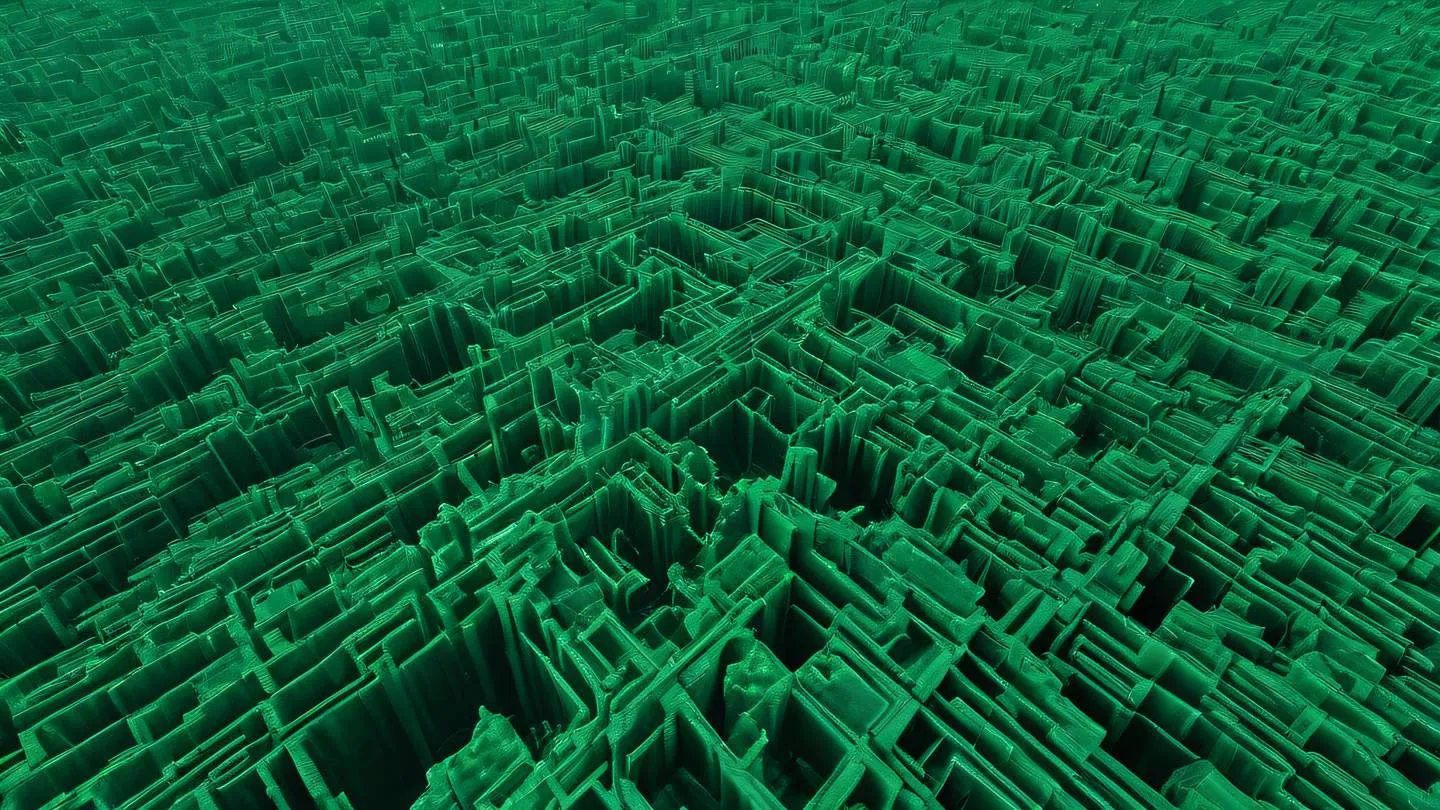 Abstract geometric landscape with interconnected floating emerald green crystalline structures against a bright sky captured from a bird's eye view high-quality ultra-realistic cinematic 8K UHD high resolution sharp and detail