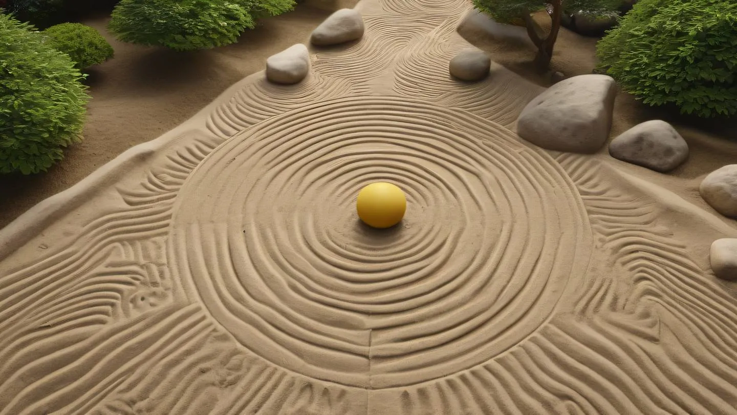 A serene Japanese zen garden with geometric patterns in sand featuring gold and yellow stone elements viewed from a 45-degree elevated angle high-quality ultra-realistic cinematic 8K UHD high resolution sharp and detail