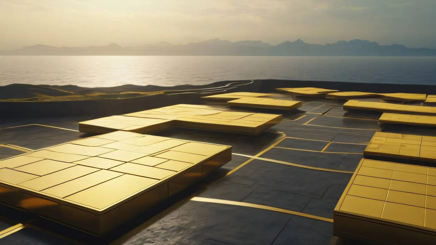 A futuristic landscape with floating geometric platforms in various shades of yellow and gold stretching towards the horizon photographed from a dramatic diagonal perspective high-quality ultra-realistic cinematic 8K UHD high resolution sharp and detail