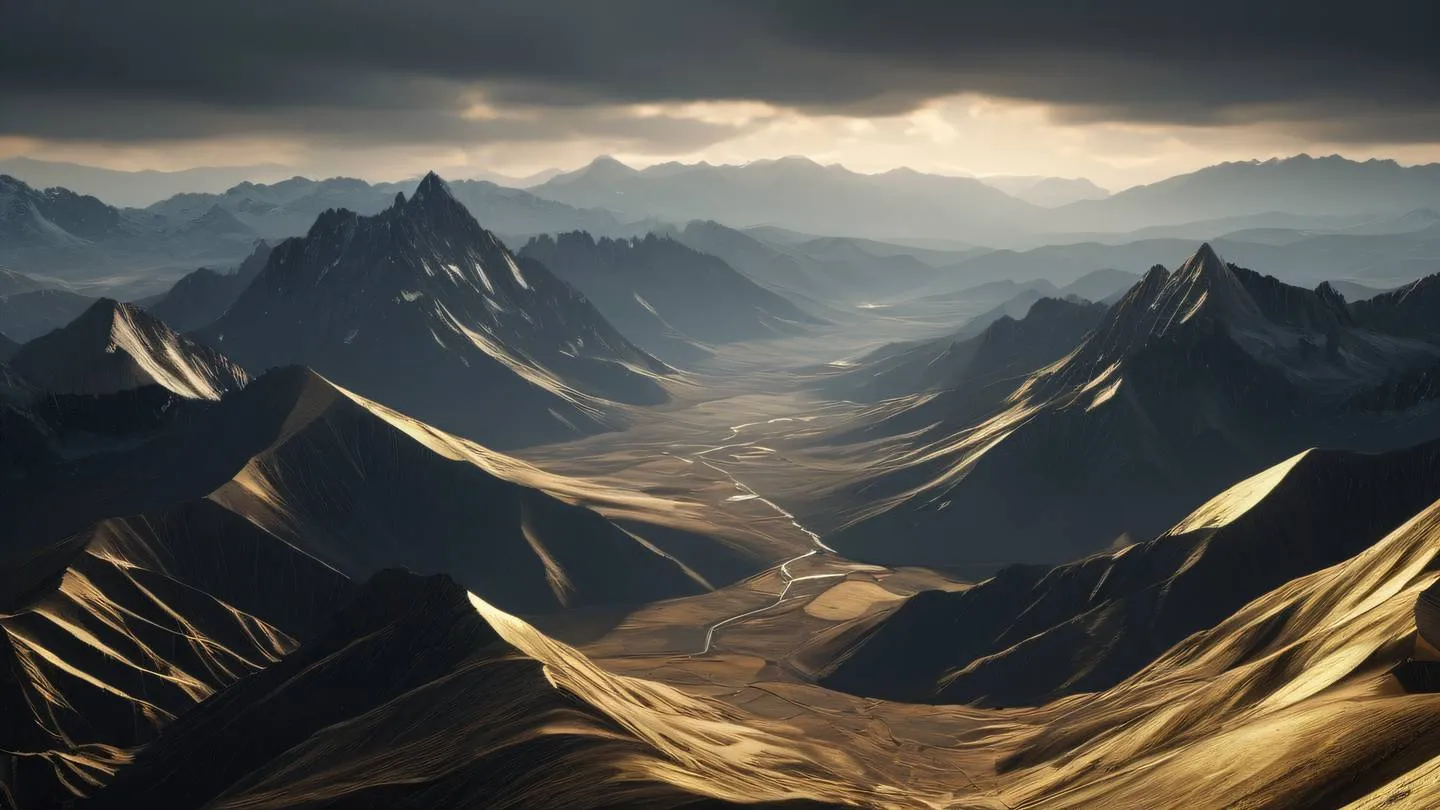 Geometric landscape with mountain peaks and valleys rendered in metallic gold and off-black colors captured from a dramatic low angle perspective high-quality ultra-realistic cinematic 8K UHD high resolution sharp and detail