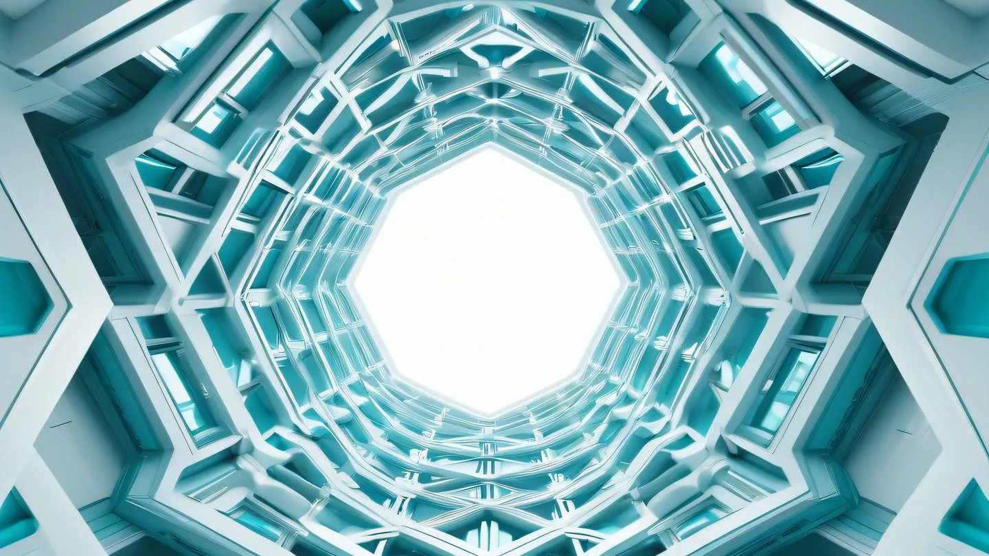 Futuristic architectural structure with interconnected geometric shapes floating in space featuring sleek turquoise blue gradients against a clean white background shot from a low angle perspective with dramatic upward tilt high-quality ultra-realistic cinematic 8K UHD high resolution sharp and detail