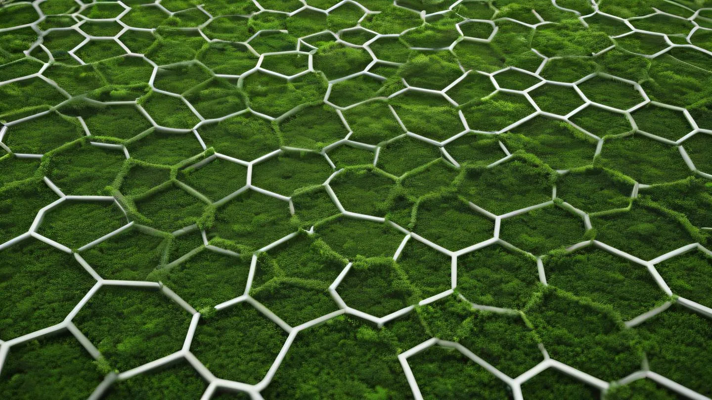 Abstract geometric network pattern with interconnected nodes spreading across frame rendered in fresh moss green and light grey tones viewed from 45-degree aerial perspective high-quality ultra-realistic cinematic 8K UHD high resolution sharp and detail