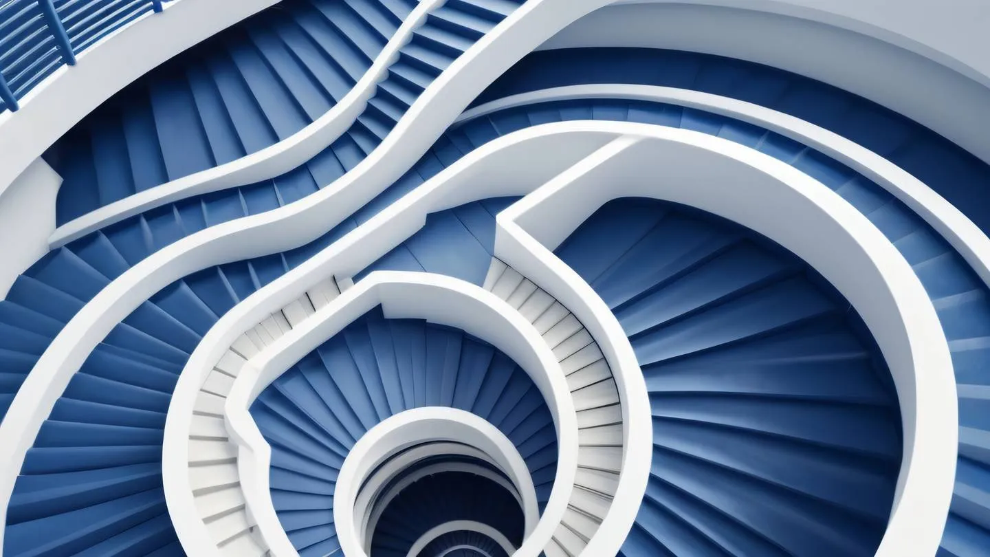 Modern minimalist stairs or pathways forming a flowing pattern rendered in cobalt blue and white with subtle shadows captured from a bird's eye view perspective high-quality ultra-realistic cinematic 8K UHD high resolution sharp and detail