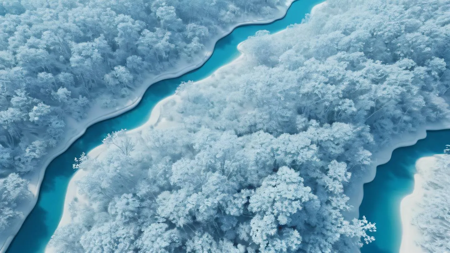 Aerial view of abstract flowing shapes resembling a river delta or tree branches rendered in bright sky blue and crisp white tones captured from directly above high-quality ultra-realistic cinematic 8K UHD high resolution sharp and detail