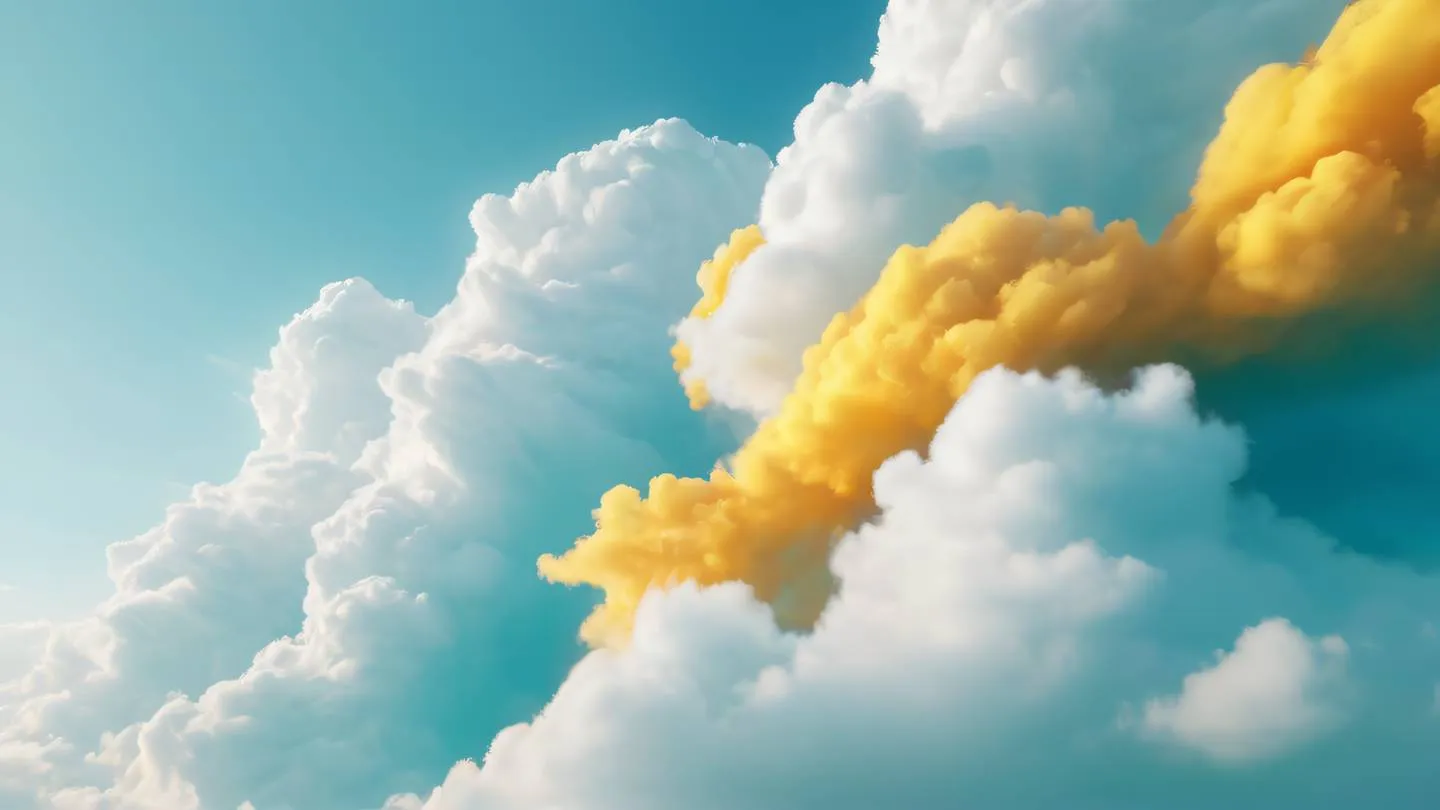 Abstract flowing cloud formations with dynamic movement featuring bright turquoise and golden yellow gradients against a crisp white background shot from below looking up ultra-realistic cinematic 8K UHD high resolution sharp and detail