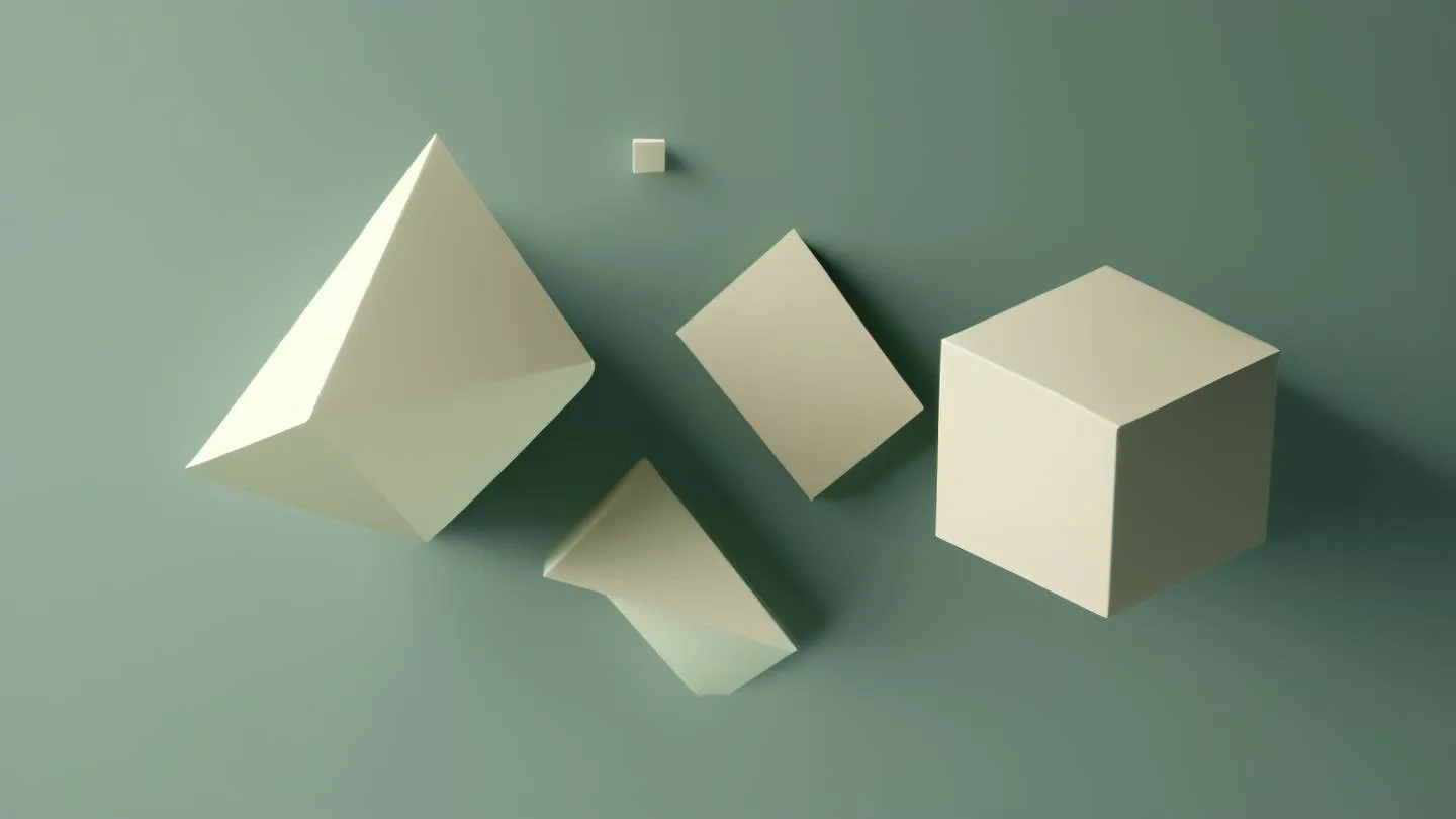 Minimalist geometric shapes floating in space featuring clean lines and soft gradients in sage green and warm ivory viewed from a 45-degree angle high-quality ultra-realistic cinematic 8K UHD high resolution sharp and detail